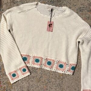 Sincerely Jules Off White Crochet Cropped Sweater with Pink and Teal Accents S